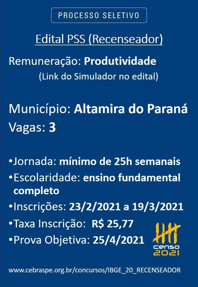 Edital do IBGE para o processo seletivo recenseador em Altamira do Paraná 