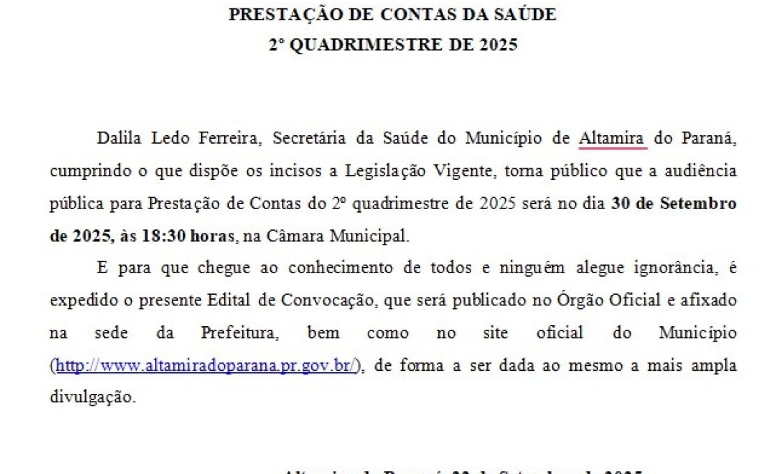 Edital de Convocação de Audiência Pública  PRESTAÇÃO DE CONTAS DA SAÚDE     2º QUADRIM...