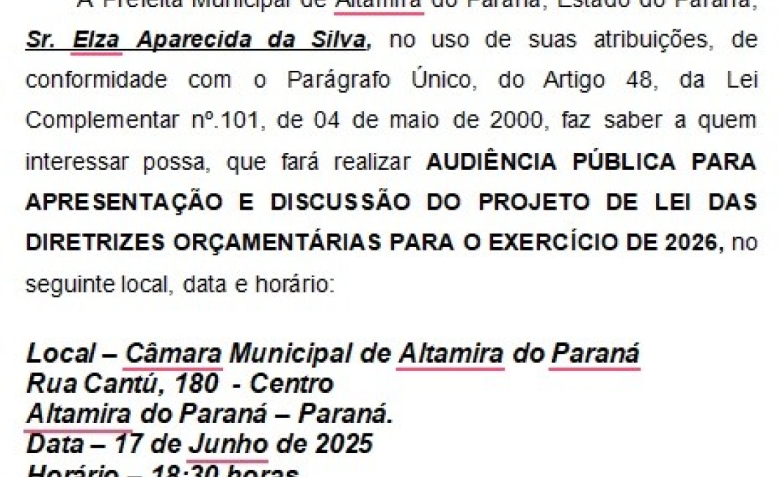 AUDIÊNCIA PÚBLICA PARA APRESENTAÇÃO E DISCUSSÃO DO PROJETO DE LEI DAS DIRETRIZES ORÇAMENT...
