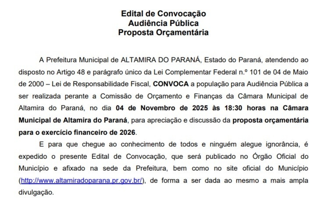 EDITAL DE CONVOCAÇÃO AUDIÊNCIA PÚBLICA  PROPOSTA ORÇAMENTÁRIA