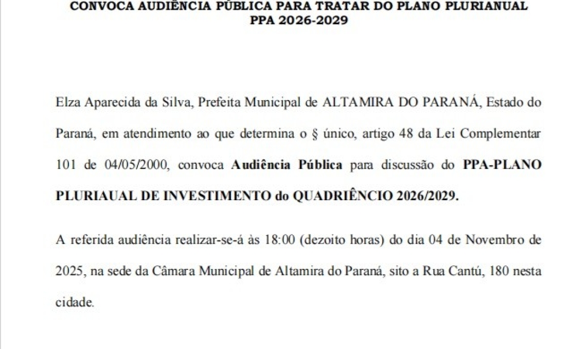 EDITAL DE CONVOCAÇÃO  AUDIÊNCIA PÚBLICA PARA TRATAR DO PLANO PLURIANUAL PPA 2026-2029