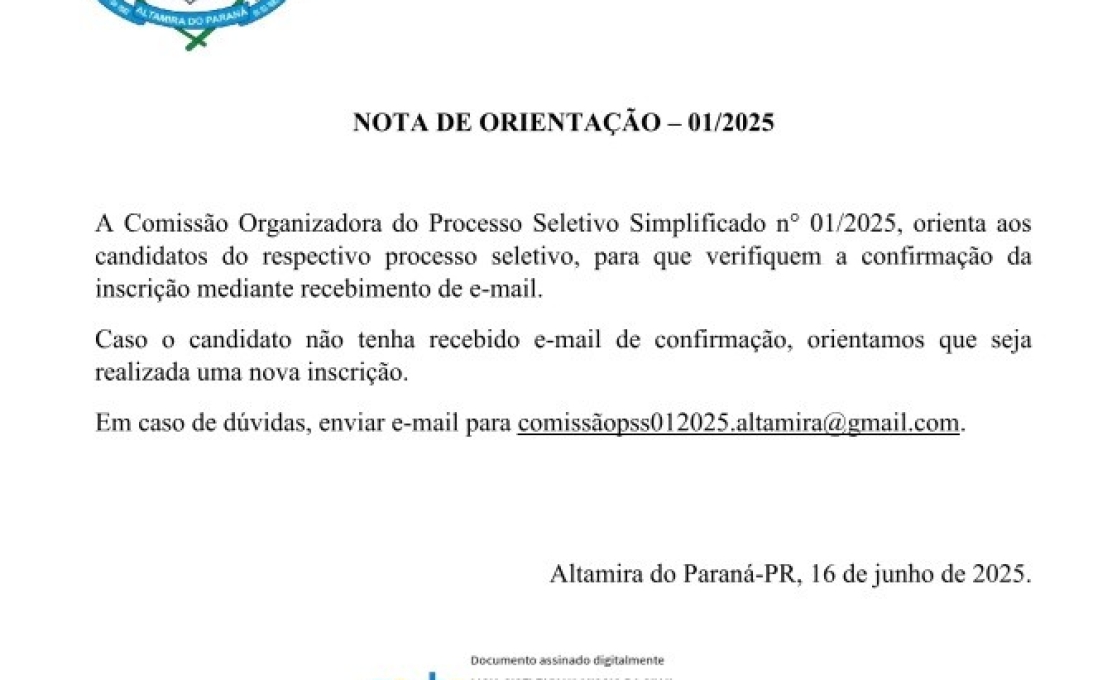 Comissão Organizadora do Processo Seletivo 01/2025 divulga nota de orientação aos candidatos