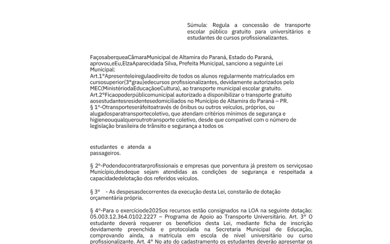 Altamira do Paraná sanciona Lei de gratuidade para transporte de de alunos do ensino superior e profissionalizantes