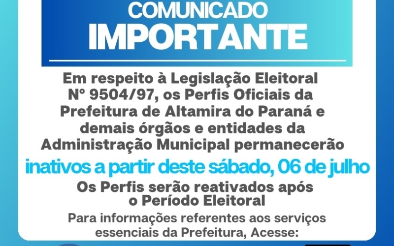 Seguindo a Legislação que garante a lisura do processo, comunicamos que estaremos retornando após o período Eleitoral.