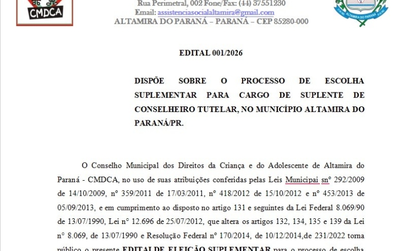 Altamira do Paraná divulga edital para eleição suplementar para suplentes no Conselho Tutelar