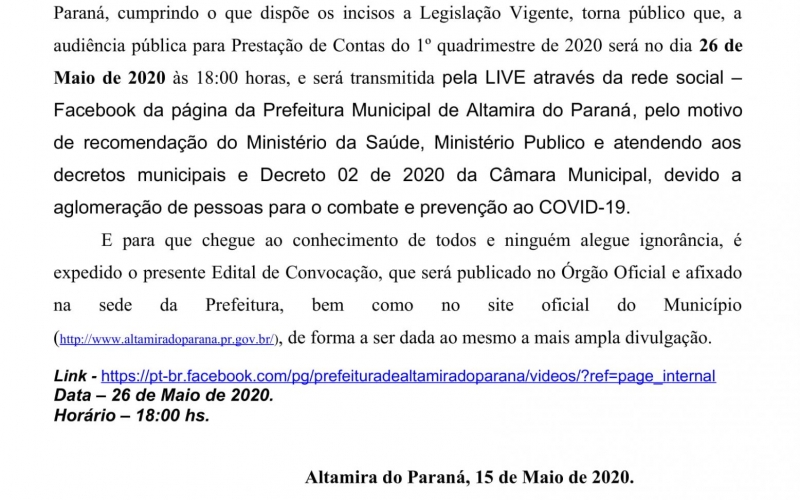 EDITAL DE CONVOCAÇÃO DE AUDIÊNCIA PÚBLICA PRESTAÇÃO DE CONTAS DA SAÚDE -  1º QUADRIMESTRE DE 2020