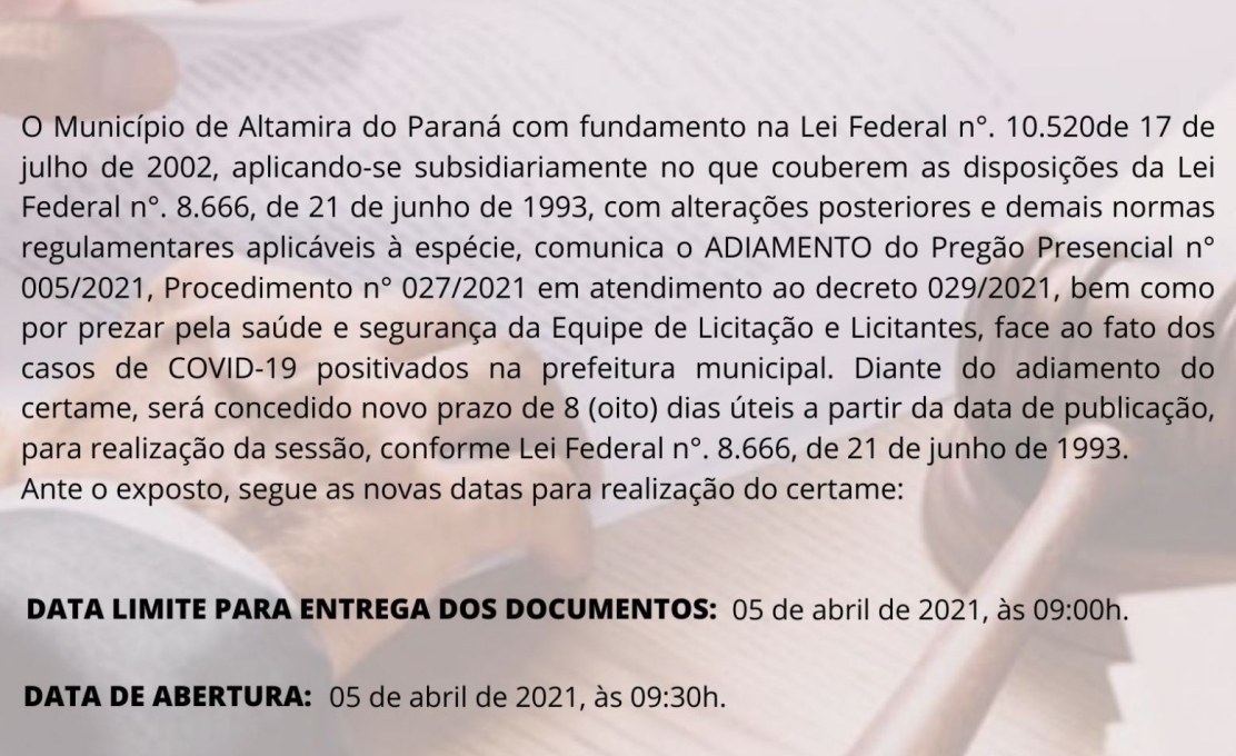 Aviso de ADIAMENTO de Licitação