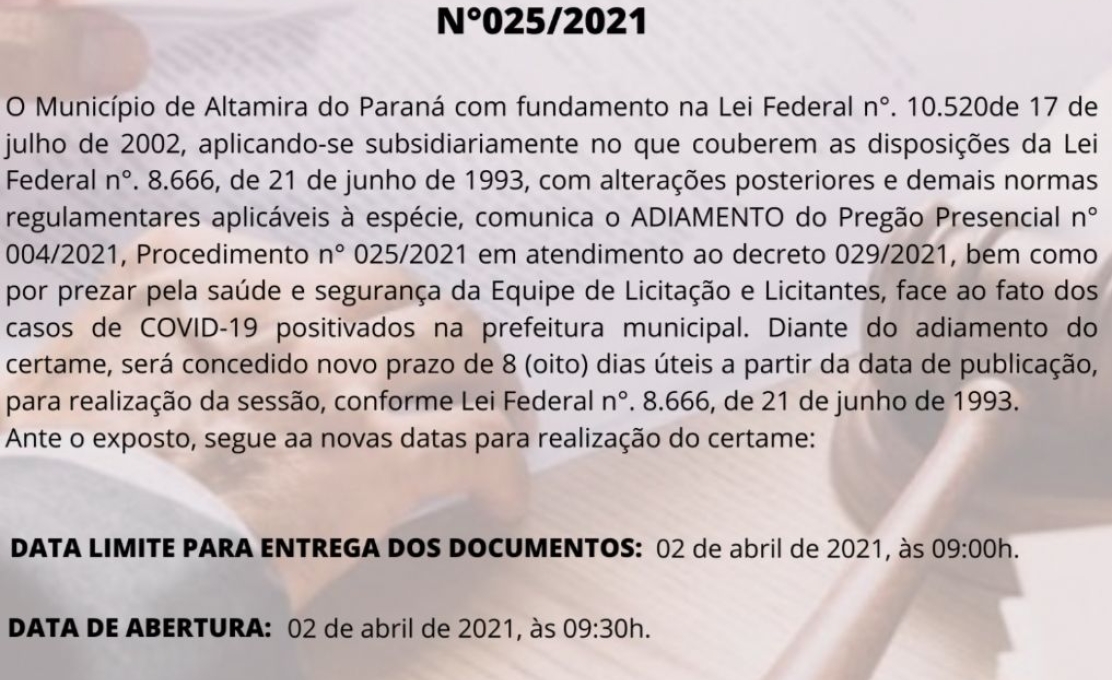 Aviso de ADIAMENTO de Licitação