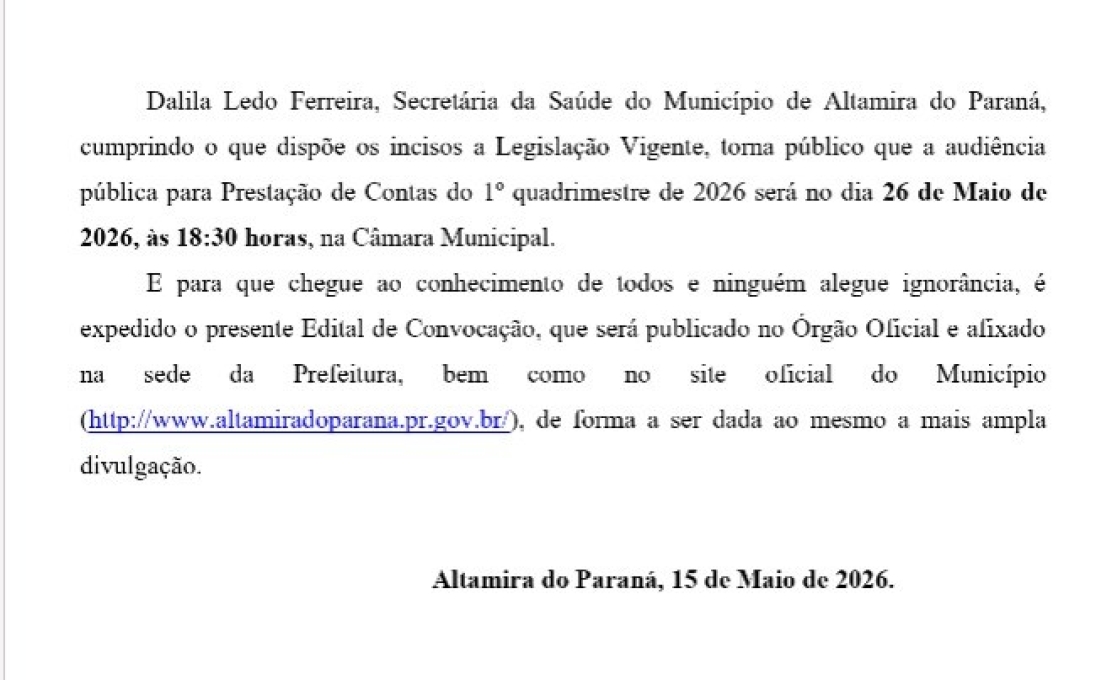 EDITAL DE CONVOCAÇÃO DE AUDIÊNCIA PÚBLICA PRESTAÇÃO DE CONTAS DA SAÚDE 1º QUADRIMESTRE D...