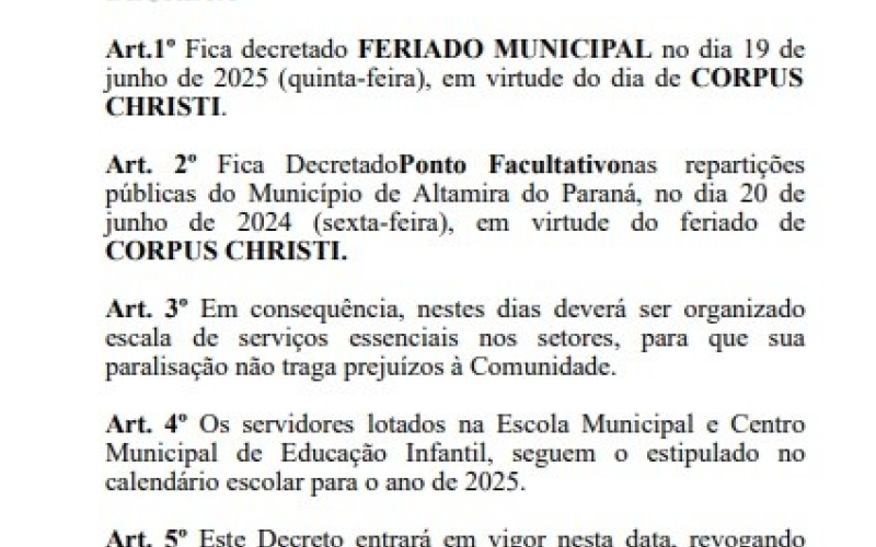 Prefeitura decreta ponto facultativo sexta-feira dia 20 de junho