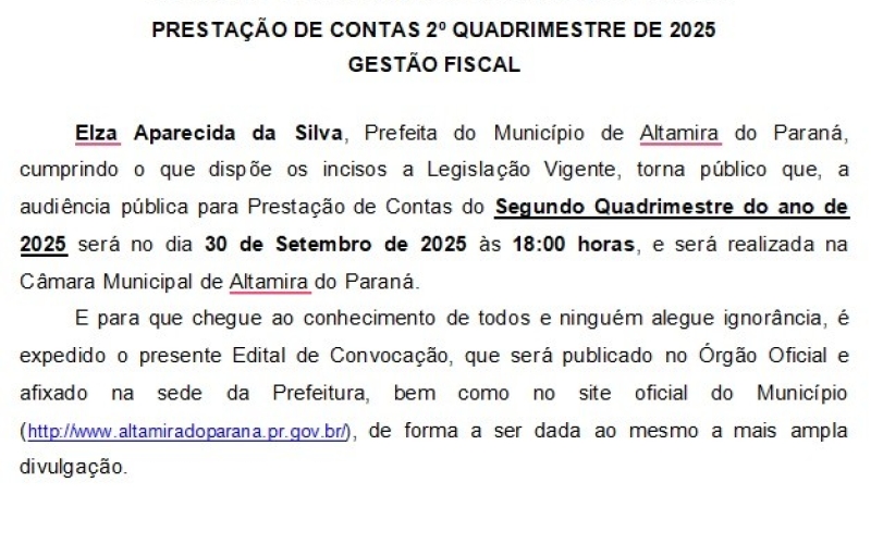 Edital de Convocação de Audiência Pública  PRESTAÇÃO DE CONTAS 2º QUADRIMESTRE DE 2025  GESTÃO FISCAL