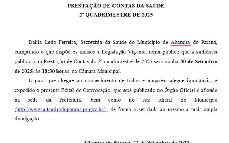 Edital de Convocação de Audiência Pública  PRESTAÇÃO DE CONTAS DA SAÚDE     2º QUADRIMESTRE DE 2025