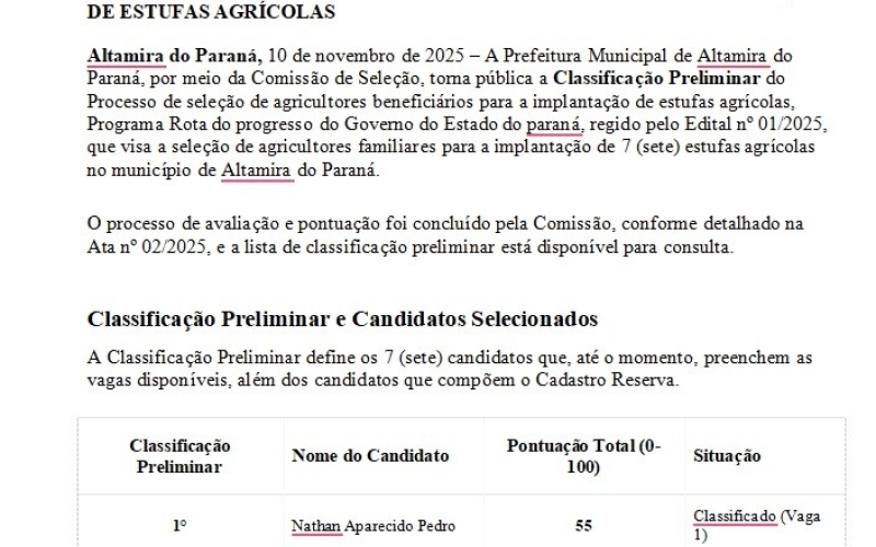 Secretaria de Agricultura divulga classificação preliminar do processo seletivo das estufas agrícolas