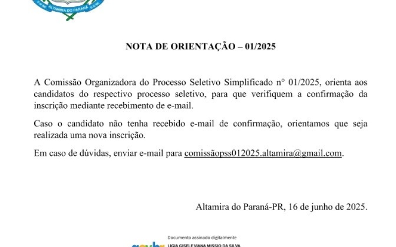Comissão Organizadora do Processo Seletivo 01/2025 divulga nota de orientação aos candidatos
