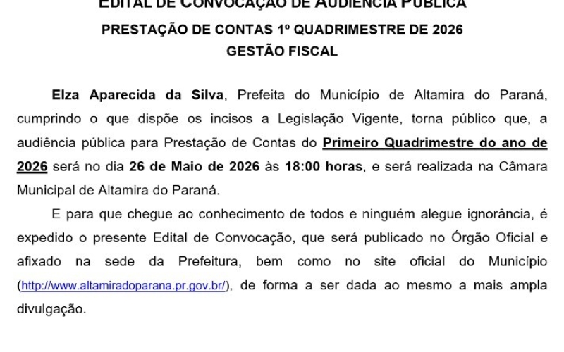 EDITAL DE CONVOCAÇÃO DE AUDIÊNCIA PÚBLICA PRESTAÇÃO DE CONTAS 1º QUADRIMESTRE DE 2026 GESTÃO FISCAL