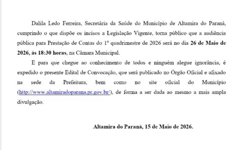 EDITAL DE CONVOCAÇÃO DE AUDIÊNCIA PÚBLICA PRESTAÇÃO DE CONTAS DA SAÚDE 1º QUADRIMESTRE DE 2026